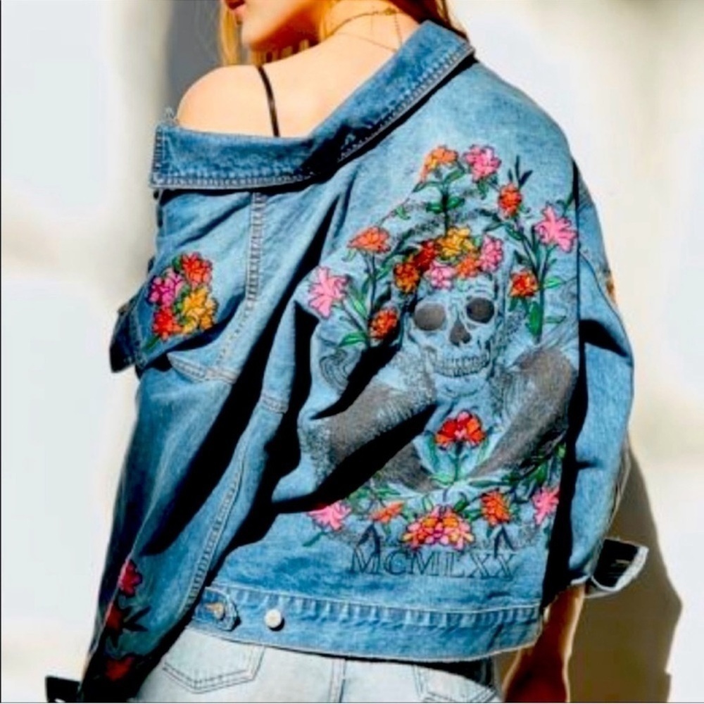 BDG Embroidered Floral Skull Denim Jacket